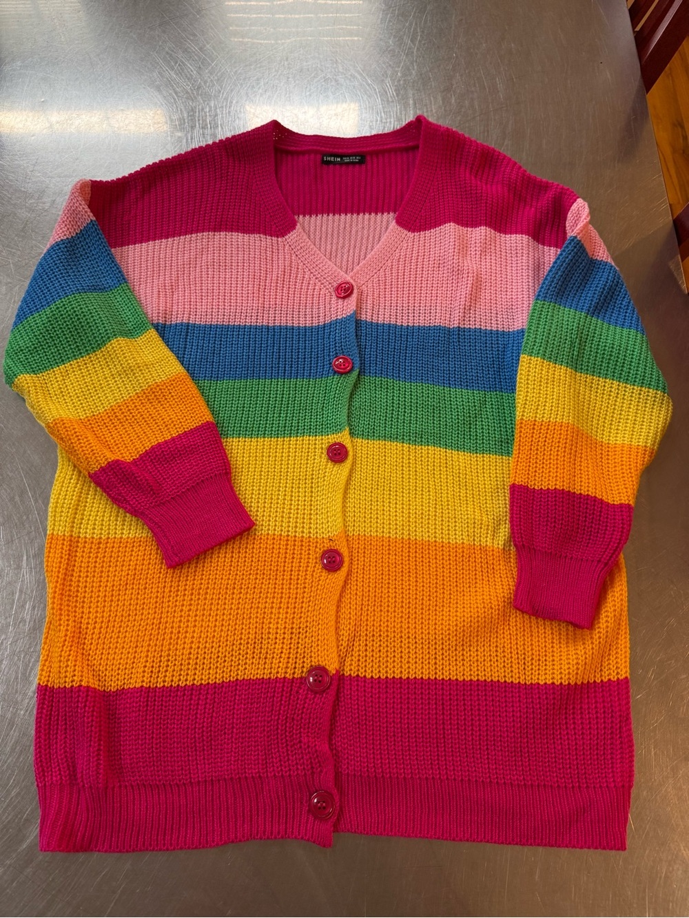 SHEIN Multicolor Rainbow Striped Button-Front Cardigan - Medium